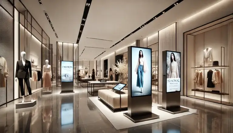 In-store digital signage screens in a retail setting displaying product visuals and promotional content