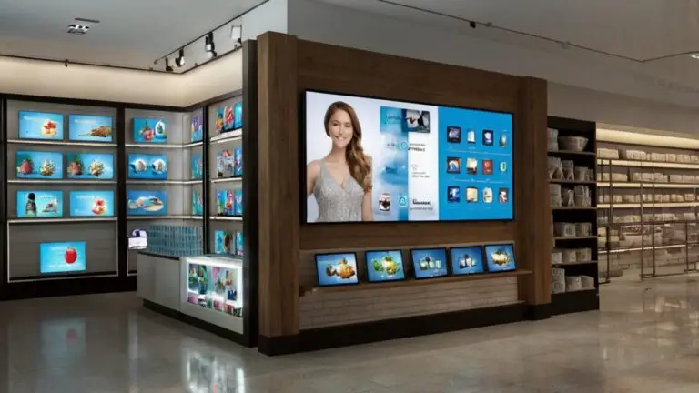 Interactive retail signage displays featuring product ads and a lifestyle video wall inside a modern store environment.