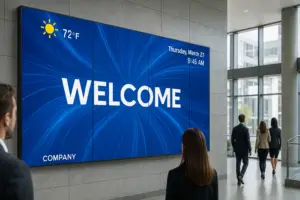 Large video wall in corporate lobby displaying welcome message with weather and time information for visitors