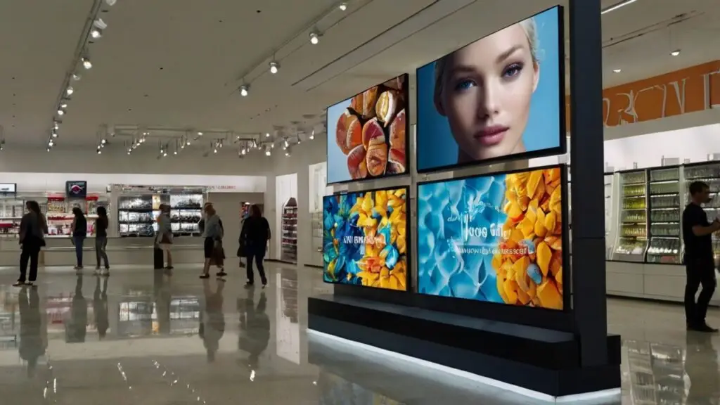 Large video wall display featuring beauty and food visuals inside a modern retail store environment with foot traffic.
