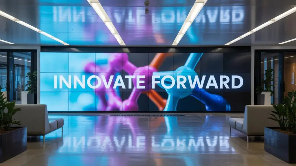 Modern corporate lobby with a large LED video wall displaying the phrase "Innovate Forward," used for branding and digital signage impact.
