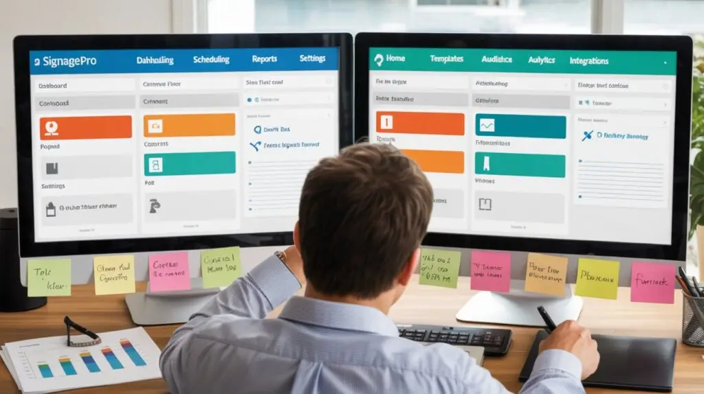 User comparing two digital signage CMS dashboards on dual monitors, analyzing UI layout, content management features, and integration settings.