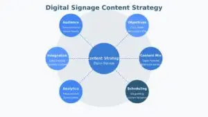 Circular diagram showing six key components of digital signage content strategy: audience, objectives, content mix, scheduling, analytics, and integration