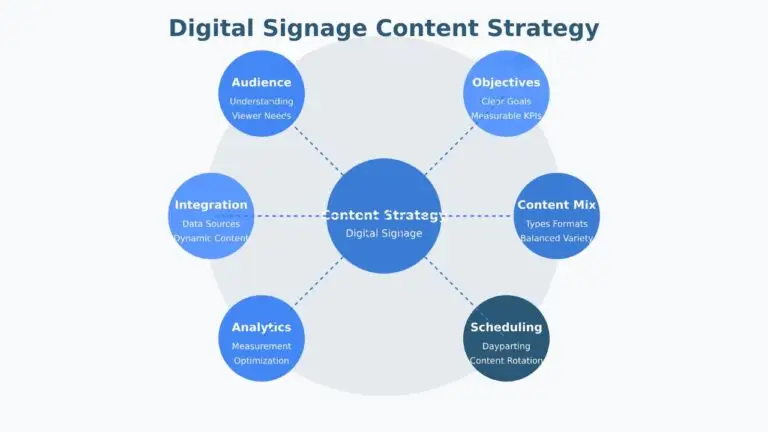 Circular diagram showing six key components of digital signage content strategy: audience, objectives, content mix, scheduling, analytics, and integration