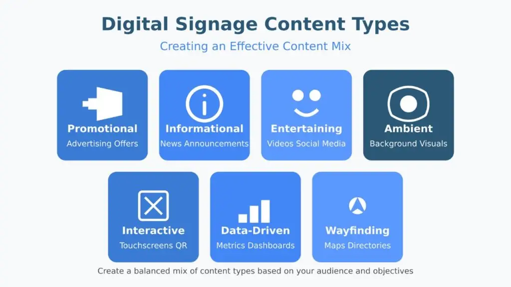Digital signage content types diagram showing promotional, informational, entertaining, ambient, interactive, data-driven, and wayfinding content categories with icons and descriptions