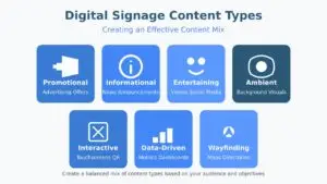 Digital signage content types diagram showing promotional, informational, entertaining, ambient, interactive, data-driven, and wayfinding content categories with icons and descriptions