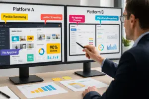 Digital signage expert comparing two CMS platforms side-by-side, analyzing features like scheduling flexibility, uptime, approval workflows, and third-party integrations.
