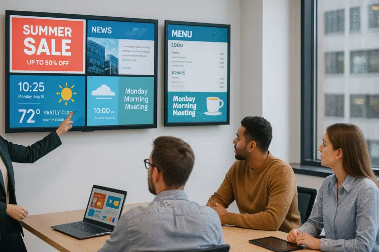 Digital signage training session showing team members learning to manage dynamic screen content for retail promotions, weather updates, and internal communications using a CMS.