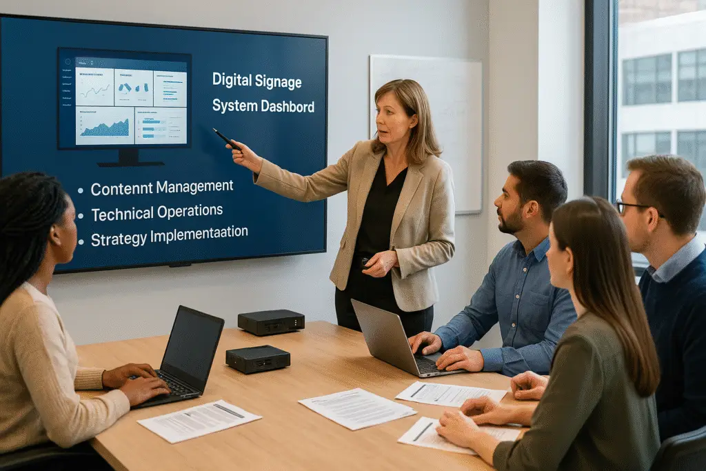 Business team reviewing a digital signage system dashboard during a strategy meeting focused on content management, technical operations, and deployment best practices.
