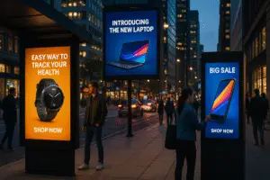 Pedestrians walking past dynamic digital out-of-home billboards in a busy downtown city street, showcasing programmatic ads for tech and health products.