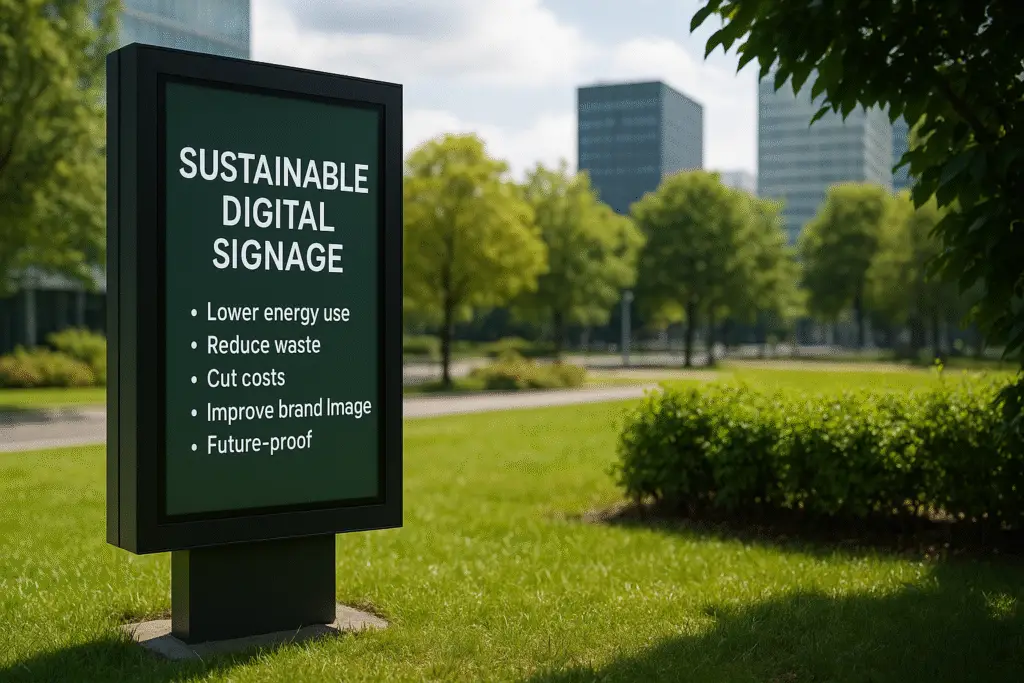 Digital signage display in a green urban park promoting sustainable practices such as lower energy use, waste reduction, and cost savings.