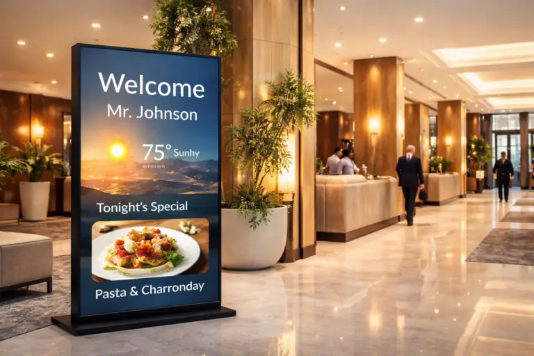 Hotel digital signage in modern lobby showing guest welcome message, local weather and restaurant special
