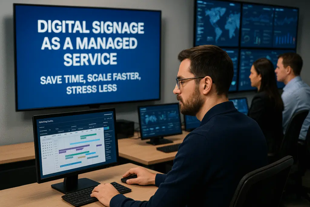 Operations team monitoring digital signage network and managing content through a CMS platform as part of a managed service offering.