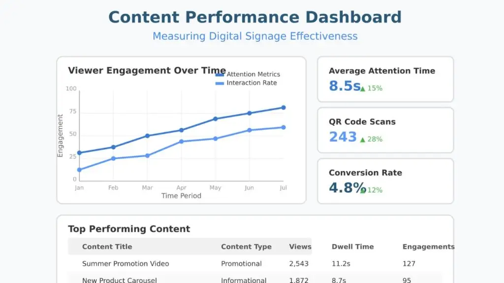 Analytics dashboard showing digital signage metrics including viewer engagement, attention time, QR code scans, and content performance
