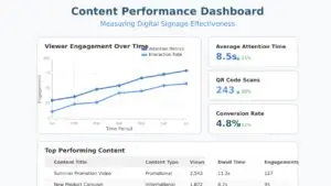 Analytics dashboard showing digital signage metrics including viewer engagement, attention time, QR code scans, and content performance