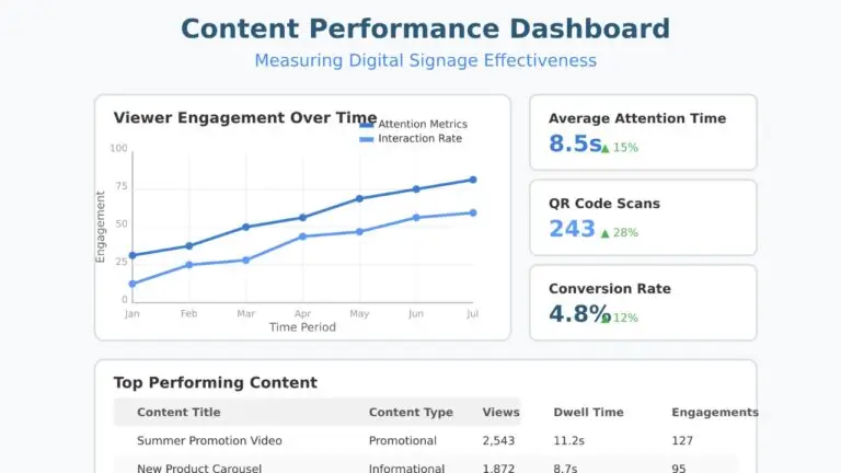 Analytics dashboard showing digital signage metrics including viewer engagement, attention time, QR code scans, and content performance