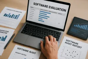 Digital signage consultant reviewing a competitive software evaluation report with audit matrices, feature analysis, and benchmarking charts.