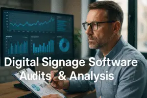 Digital signage consultant reviewing analytics dashboard and audit report to assess CMS performance and software reliability.