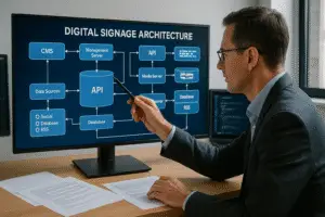 Digital signage systems analyst pointing at a software architecture diagram showing API layers, CMS integration, data sources, media servers, and database flows.