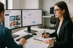 Two professionals reviewing digital signage software dashboards, evaluating scheduled content performance and CMS usage patterns for audit analysis.