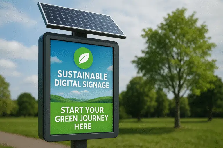 Solar-powered digital signage display in a park, promoting sustainable outdoor advertising and eco-friendly digital infrastructure.
