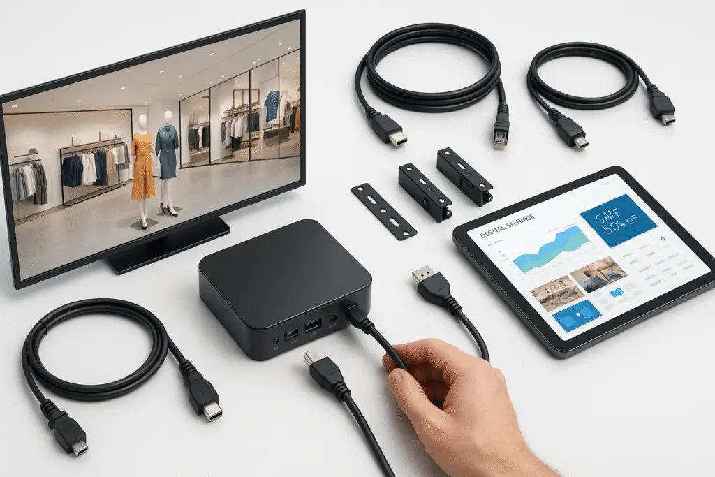 Flat lay of digital signage hardware components including HDMI cables, media player, mounting brackets, tablet with CMS interface, and display screen showing retail content.