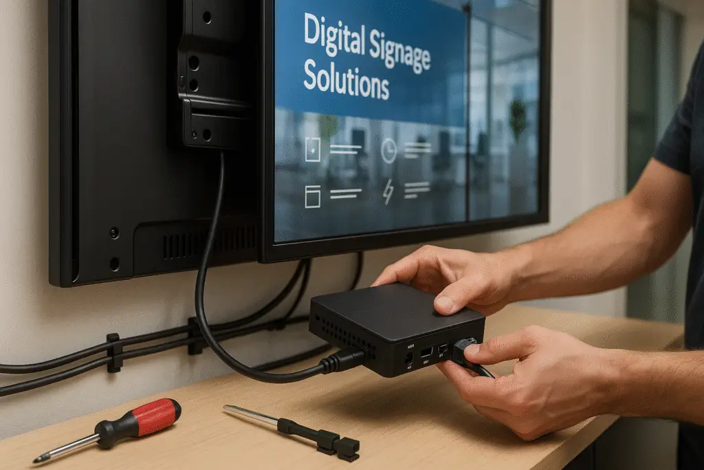 Person installing a digital signage media player to a commercial display screen with visible power and HDMI connections.