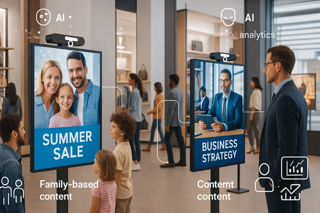AI-powered digital signage using audience analytics to display personalized content for families and professionals in a retail environment.