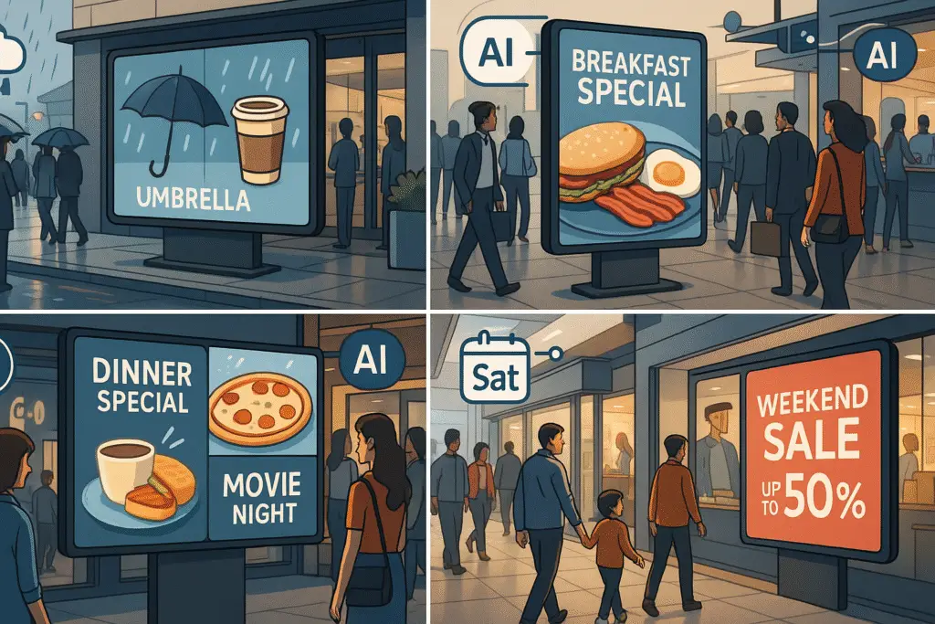 AI-powered digital signage displaying personalized content based on weather, time of day, and day of the week, including breakfast specials, dinner promotions, and retail sales.