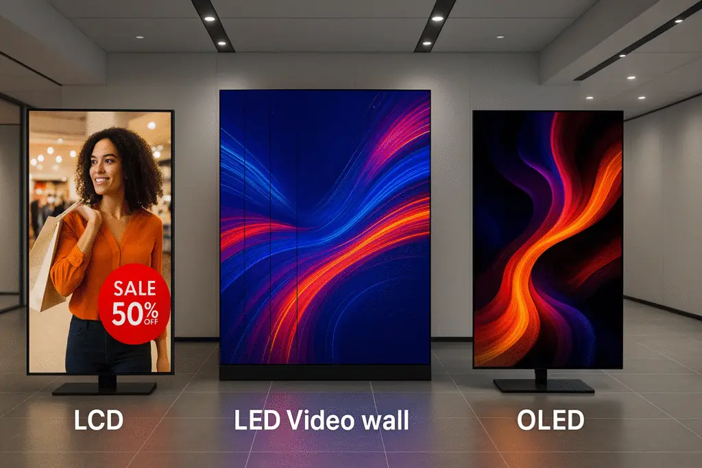 Side-by-side comparison of three digital signage displays: LCD screen showing retail ad, LED video wall with abstract light visuals, and OLED screen with vivid high-contrast colors.