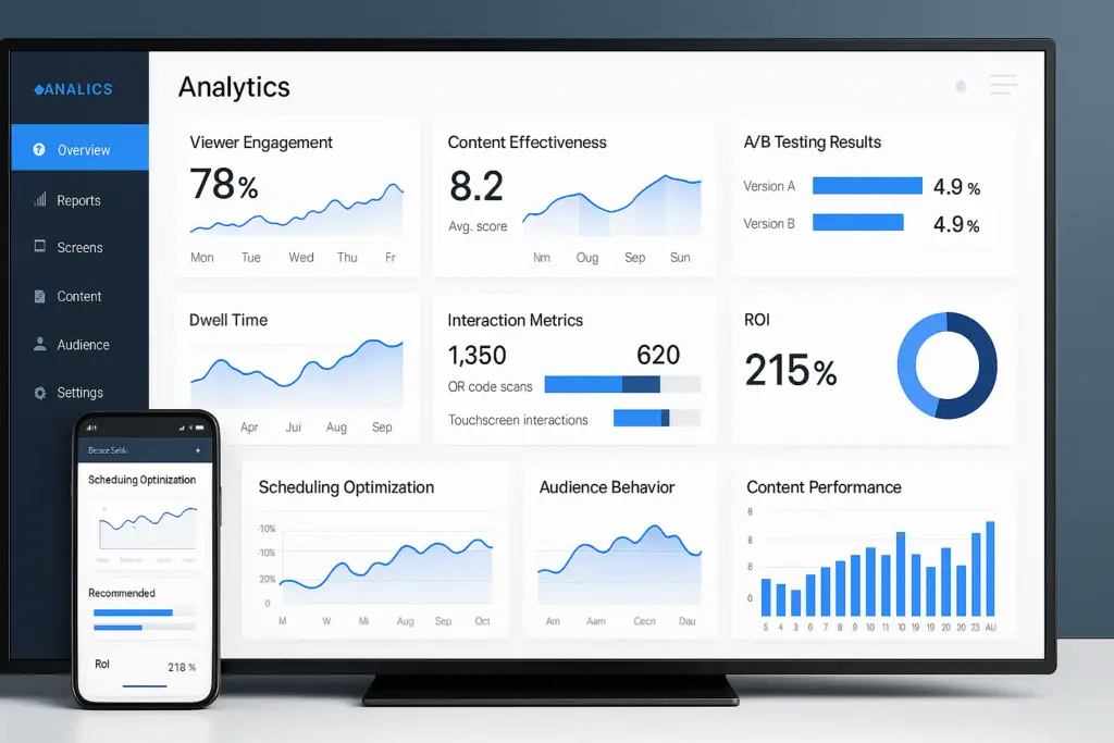 Analytics dashboard showing digital signage metrics such as viewer engagement, content effectiveness, dwell time, A/B testing, and ROI performance.