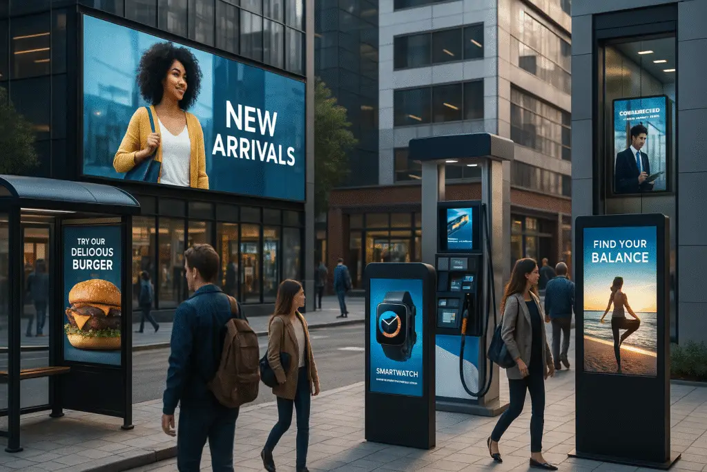 Urban street scene featuring various DOOH advertising screens including a billboard, smart kiosk, and bus shelter display with diverse dynamic digital ads.