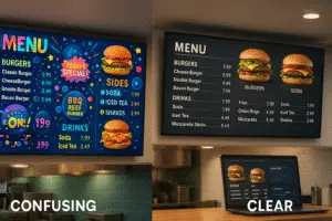 Side-by-side comparison of a cluttered, colorful digital menu board versus a clean, readable digital menu design with clear layout and pricing.