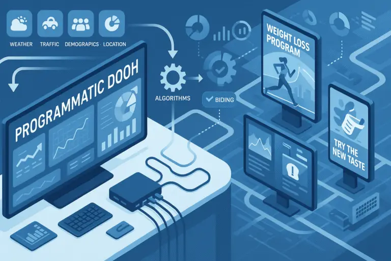 Illustration of programmatic DOOH advertising showing data inputs like weather, traffic, and demographics feeding into digital signage ad targeting through algorithms and bidding.