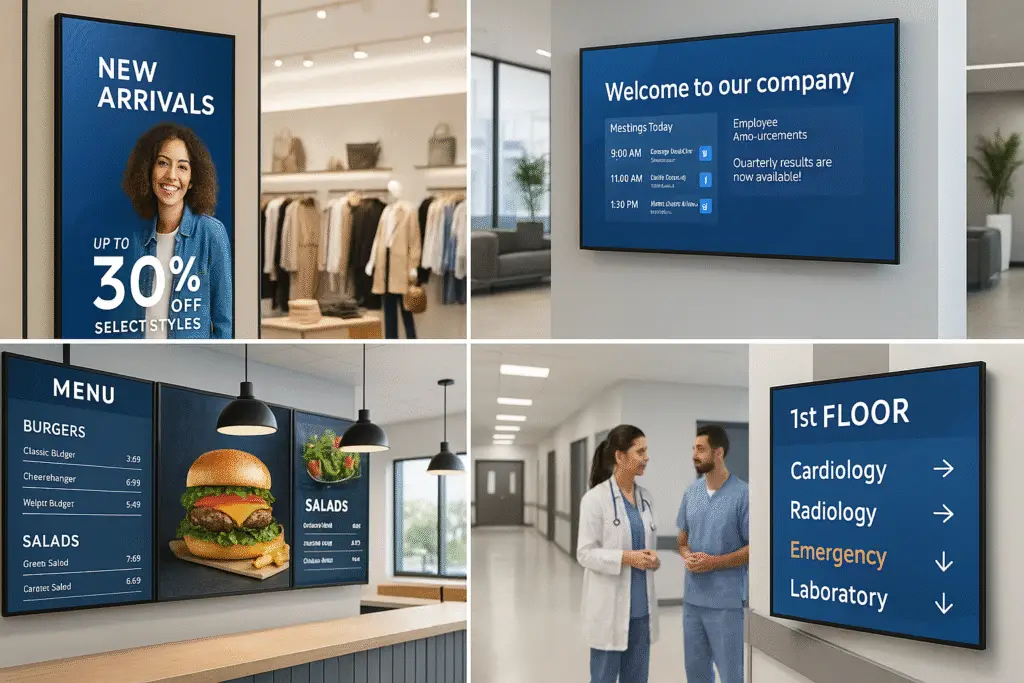 Digital signage screens in various environments including retail store promotions, office announcements, restaurant menu boards, and hospital wayfinding.