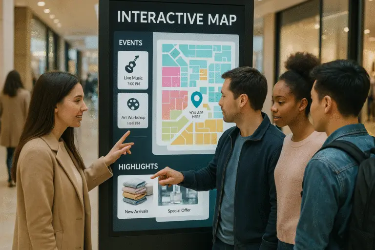 Interactive digital signage touchscreen displaying wayfinding map with event listings, store highlights, and You Are Here location marker being used by customers in shopping center
