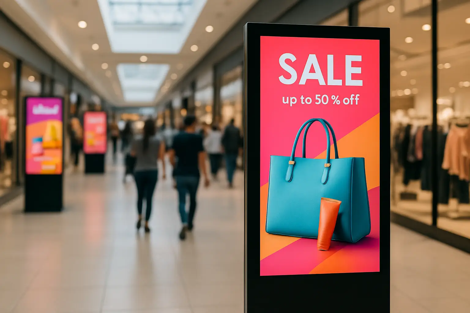 Digital signage display showing sale promotion with up to 50 percent off messaging and shopping bag graphic in retail store environment