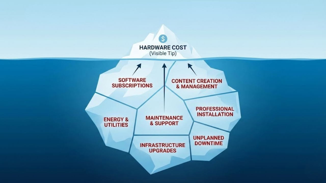 The true cost of digital signage extends far beyond initial hardware purchases. This iceberg