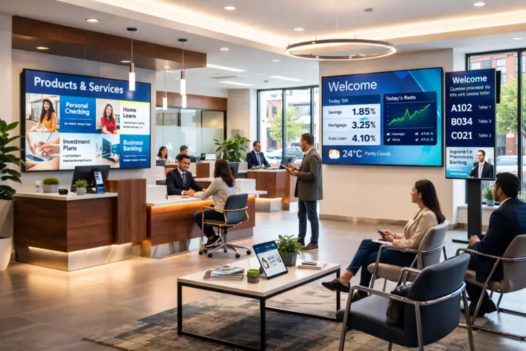 Modern bank branch interior with digital signage displays showing interest rates, financial services, queue management, and customer welcome messages