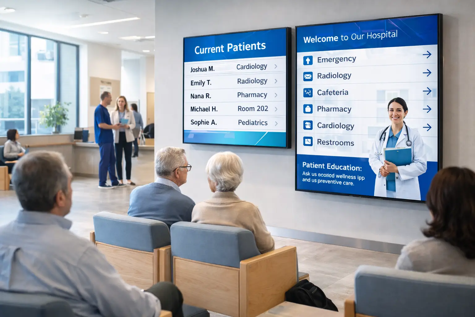 Hospital digital signage in modern healthcare waiting area