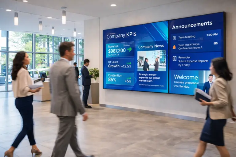 Modern corporate office lobby with large digital signage display showing company KPIs, announcements, and employee communications to business professionals