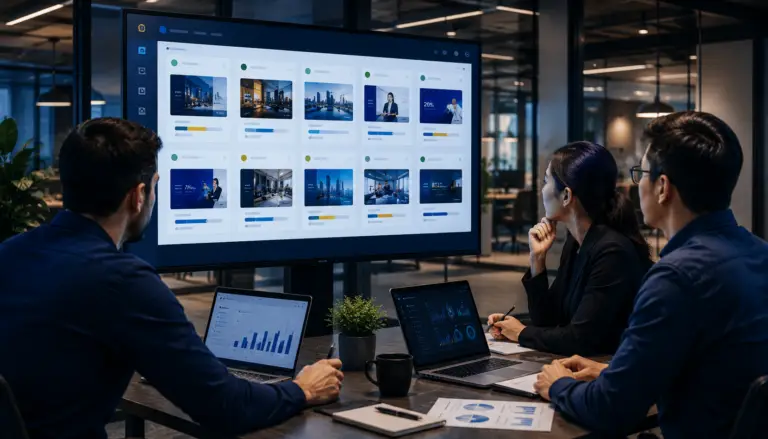 Enterprise team reviewing a grid of digital signage content templates on a large display in a modern office, with laptops showing analytics dashboards